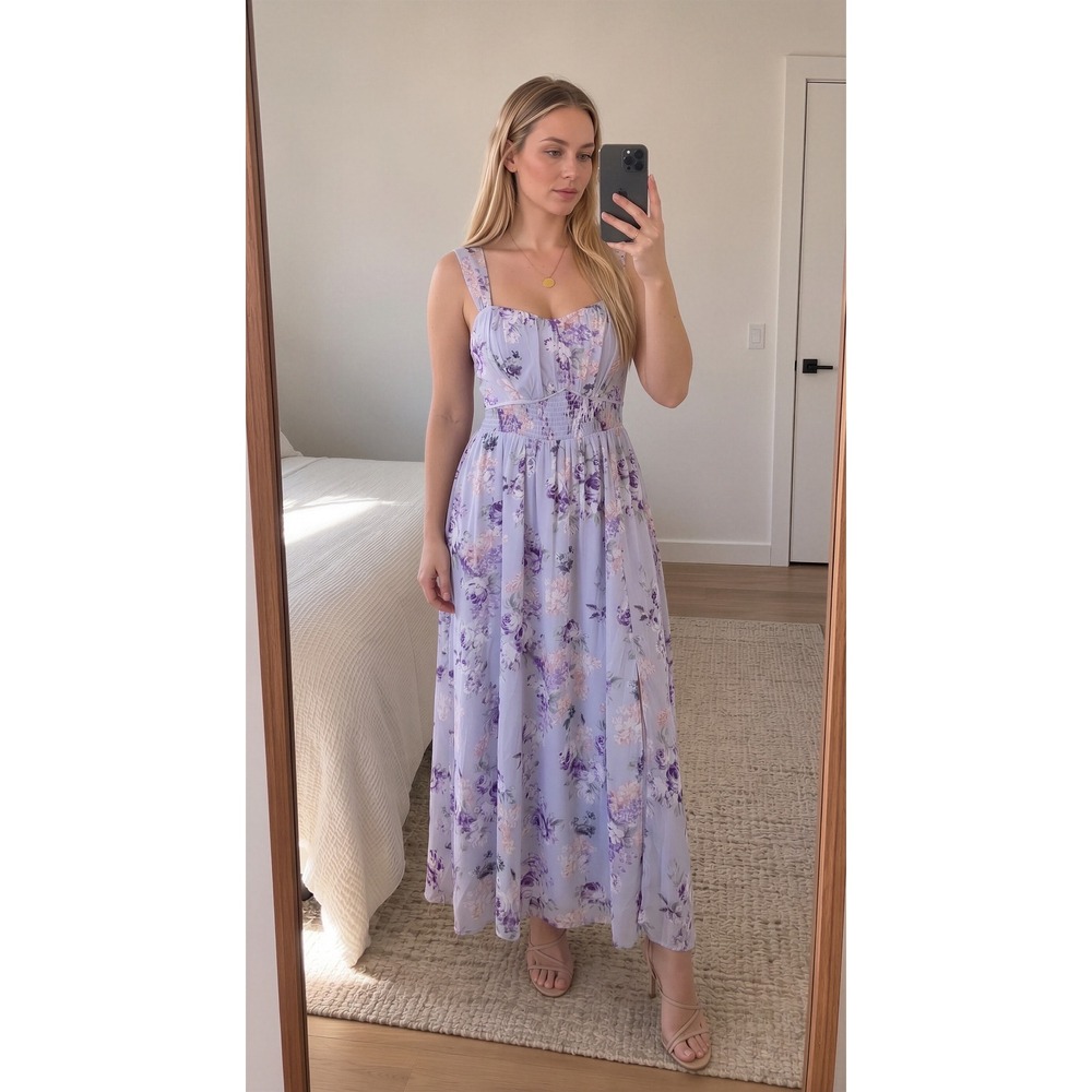 Womens Floral Maxi Dress L Purple Smocked Romantic Fairy Cottage Milkmaid Pastel
